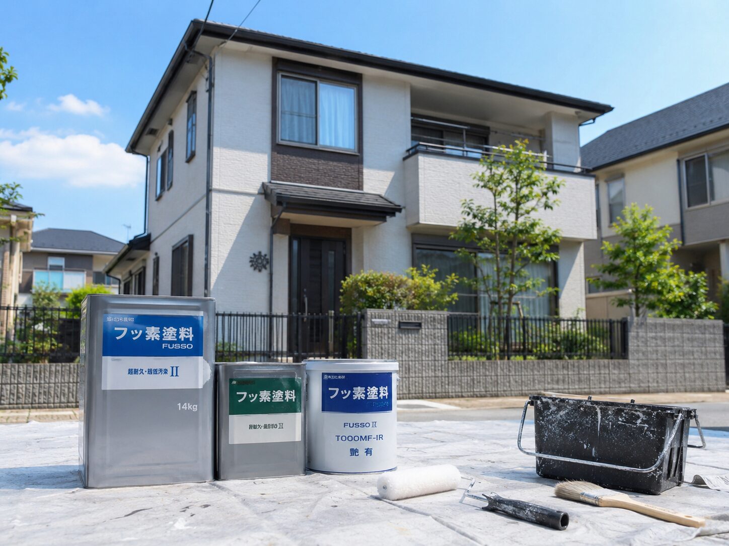 フッ素塗料と外壁塗装用の道具を住宅前に並べたイメージ