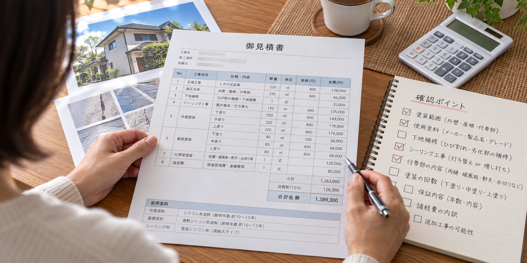 外壁塗装の見積書で施工内容を確認しているイメージ