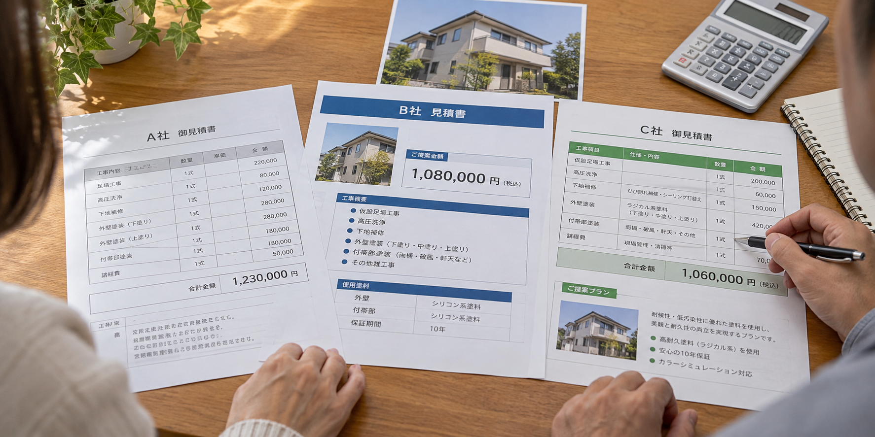 神戸市で外壁塗装の複数の見積書を比較しているイメージ